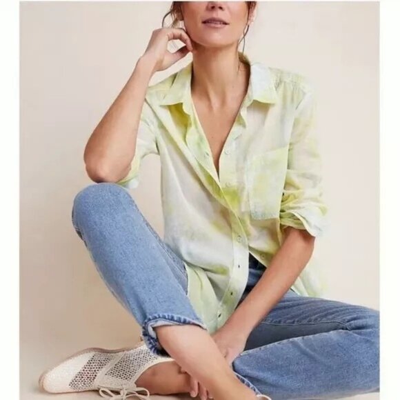 Anthropologie Pilcro Cate Tie Dye Button Down Shirt S Small Green‎ Long Sleeve - Picture 1 of 7